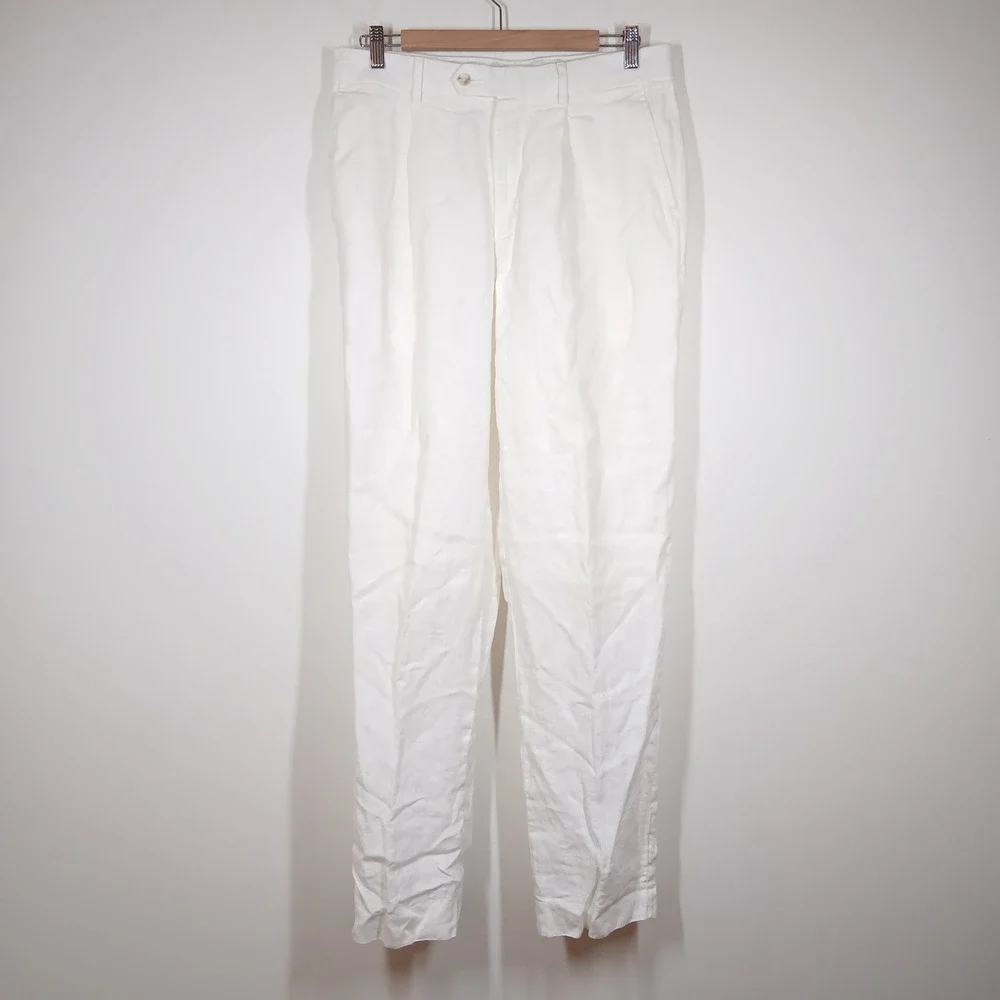 Murano Pants Mens 32x34 White 100% Linen Pleated Straight Leg Resort Summer